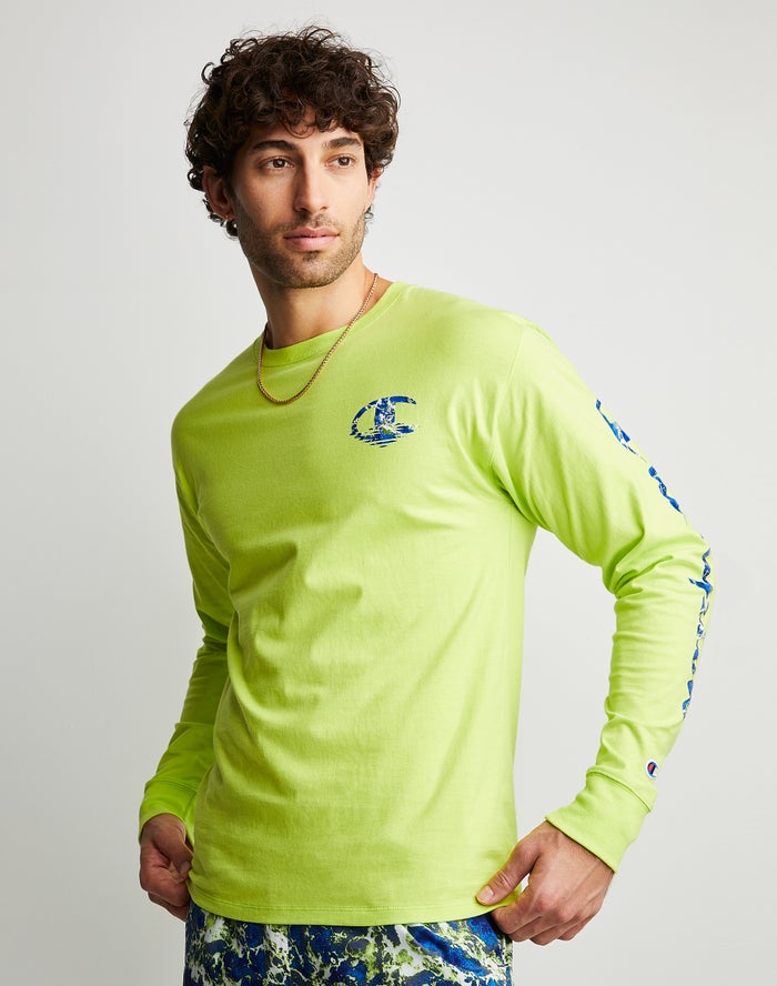 Champion T-Shirt Heren - Groen - Classic Long-Sleeve Chasing Waves ( 413508-BGZ )